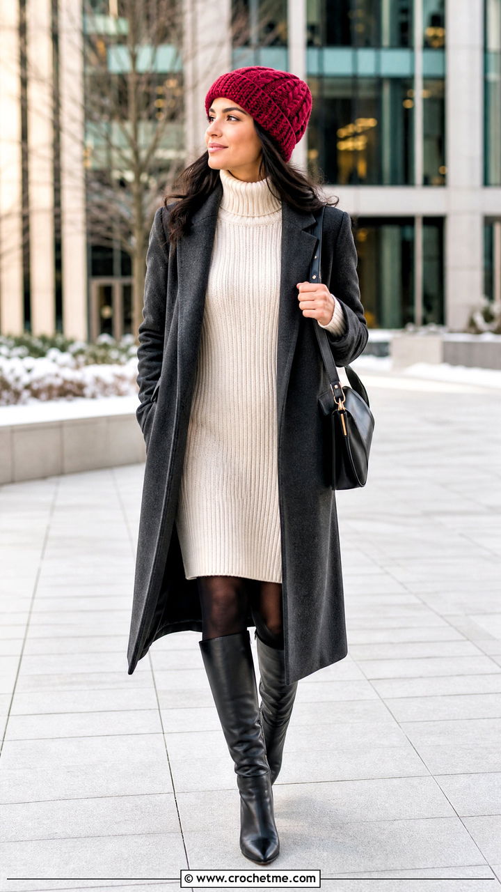 Crochet Cable Stitch Beanie With Sweater Dress And Tall Boots - 35 crochet winter hat outfit ideas