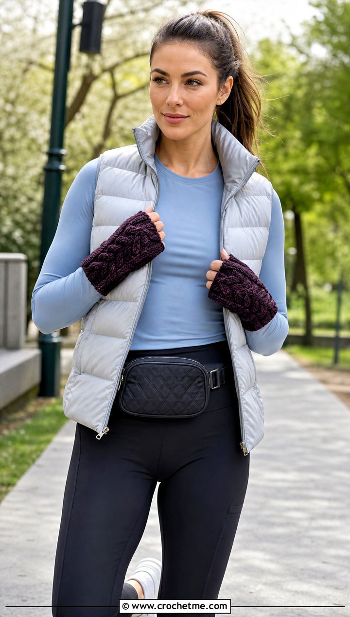 Crochet Cable Stitch Fingerless Mitts With Puffer Vest And Leggings - 15 Crochet Tipless Gloves outfit ideas