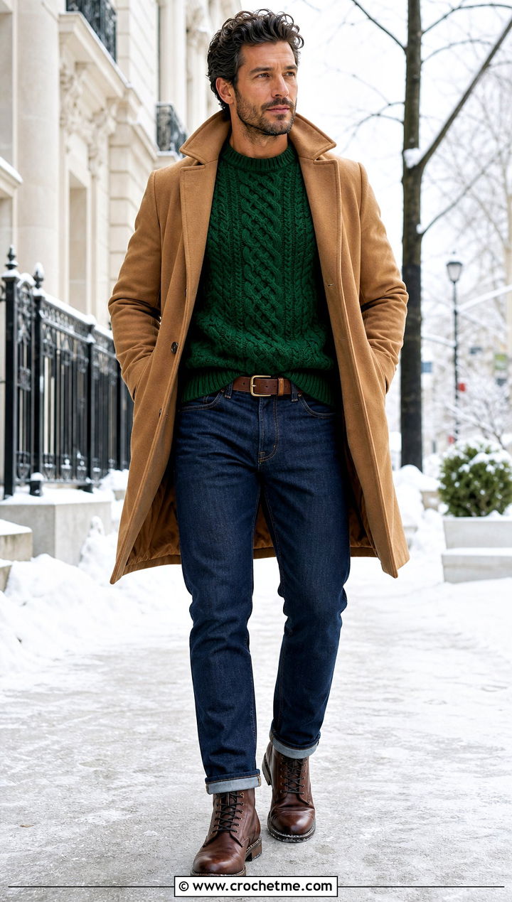 Crochet Cable Sweater With Dark Denim - 35 crochet mens clothes and outfit ideas
