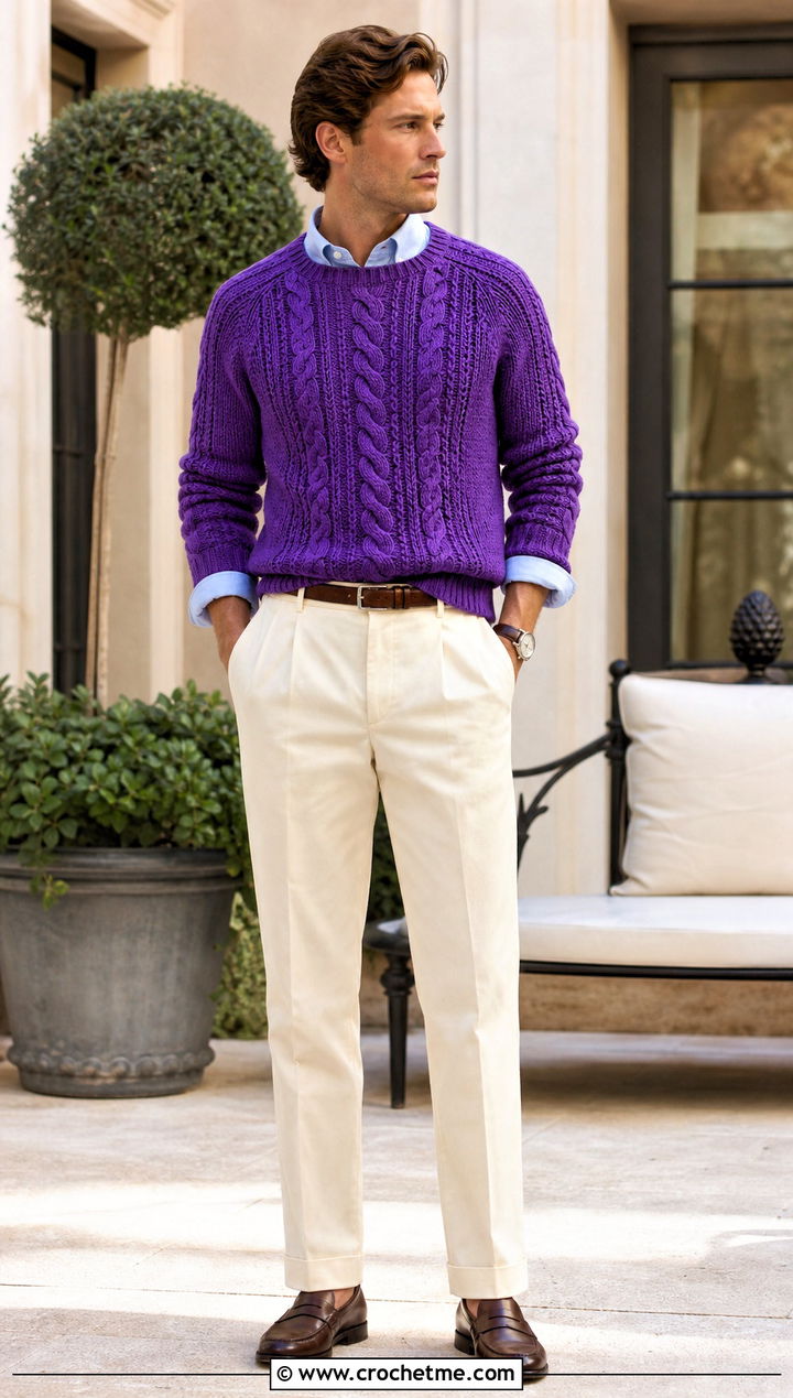 Crochet Cable Sweater With Pleated Trousers - 30 Easy Crochet Mens Sweater outfit ideas