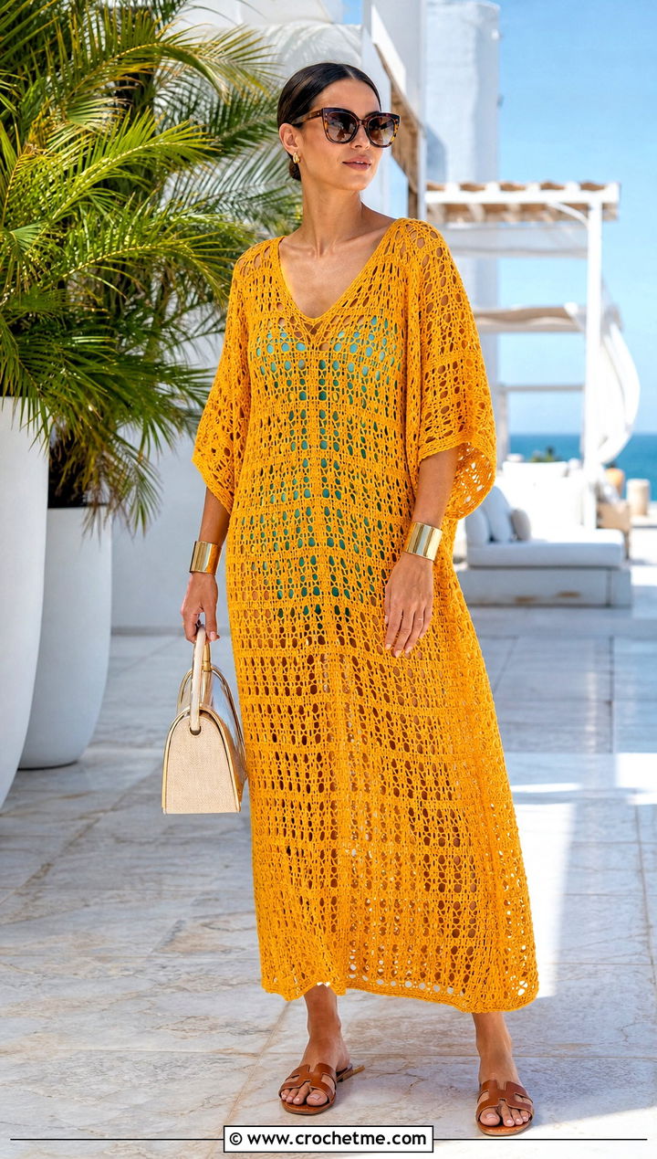 Crochet Caftan Dress With Bold Cuff Bracelets - 30 crochet dress accessories outfit ideas