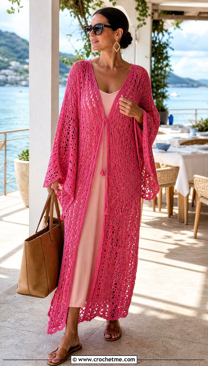 Crochet Caftan Dress With Flat Slides - 35 Crocheting Dress outfit ideas
