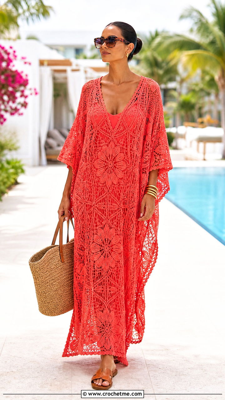 Crochet Caftan Dress With Leather Slides - 35 simple crochet dress women outfit ideas