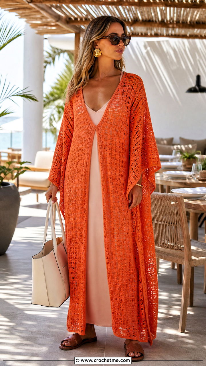 Crochet Caftan Dress With Leather Slides - 35 crocheted dress outfit ideas