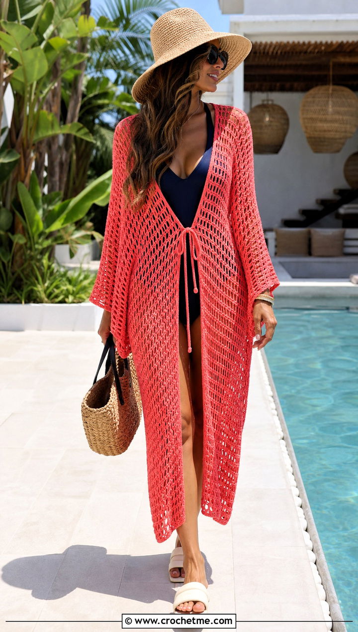 Crochet Caftan Dress With Swimsuit And Slides - 15 crocheted dresses for women outfit ideas