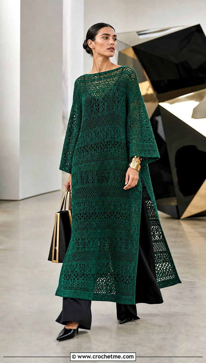 Crochet Caftan Dress With Wide Leg Trousers - 30 modest crochet dress outfit ideas