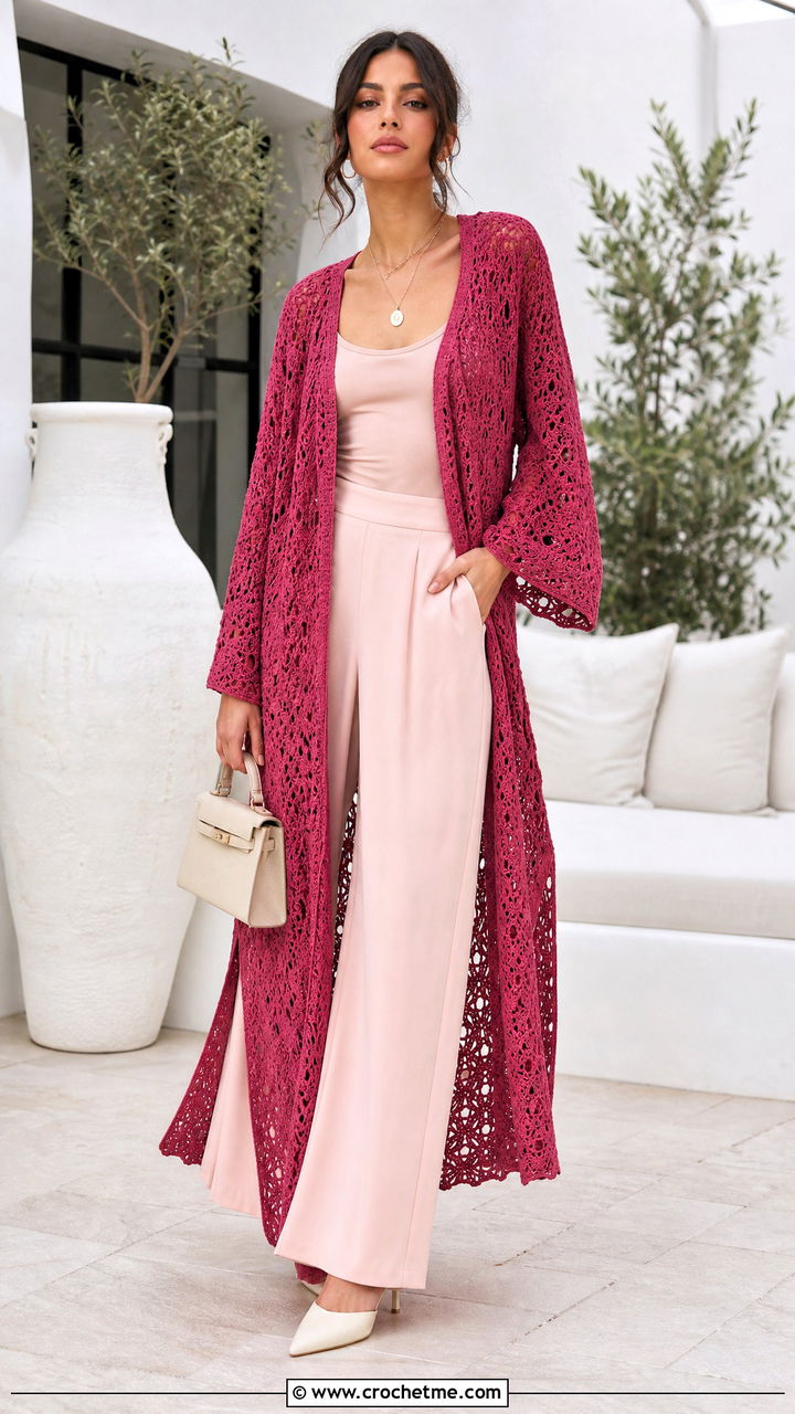 Crochet Caftan Gown With Wide Leg Pants - 35 crochet gown for ladies outfit ideas