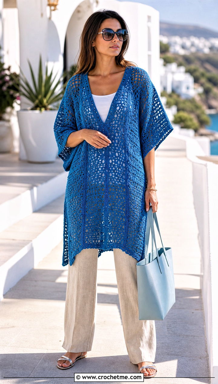Crochet Caftan Tunic With Linen Pants - 15 Crochet Tunics For Women outfit ideas