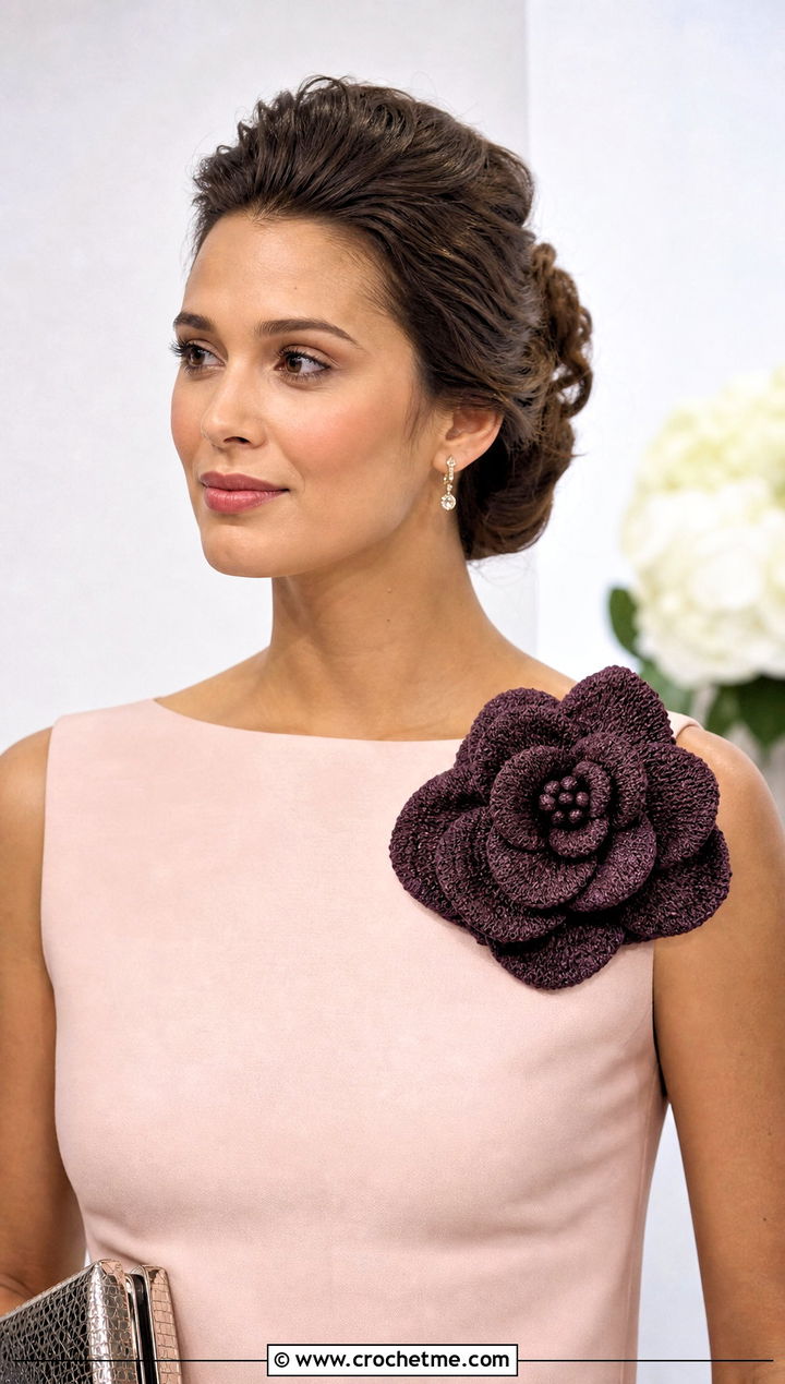 Crochet Camellia Shoulder Applique With Column Dress - 30 Crochet Flower Outfit ideas