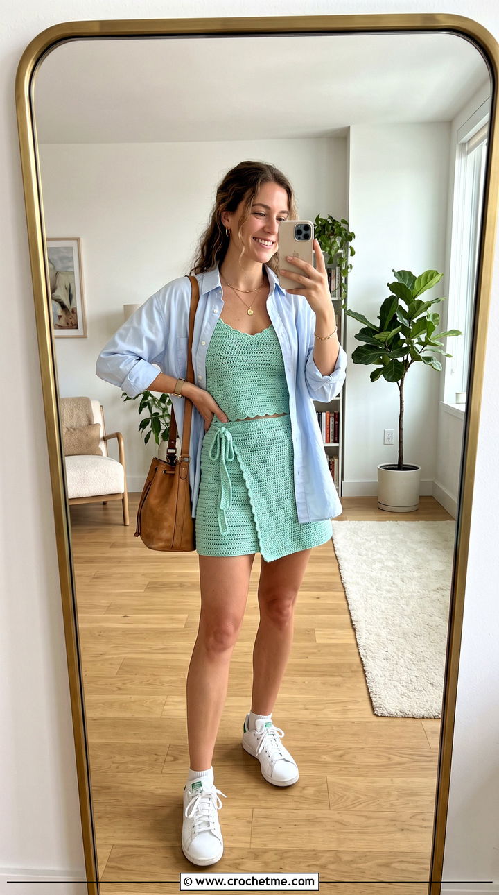 Crochet Camisole And Wrap Skirt With Button Down Shirt - 35 crochet skirt and top outfit ideas