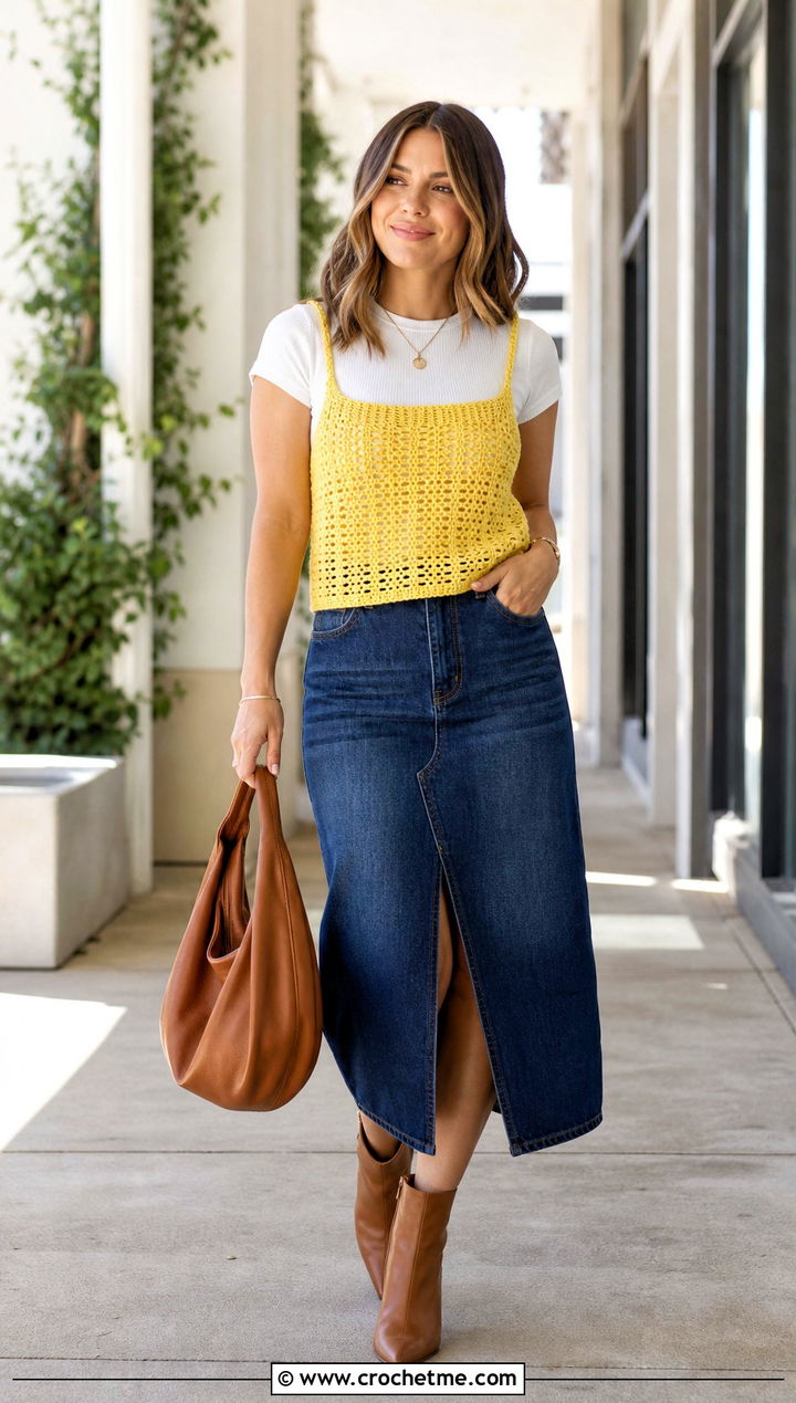 Crochet Camisole Top Over A Ribbed T Shirt - 30 Crochet Top Layering Outfit ideas