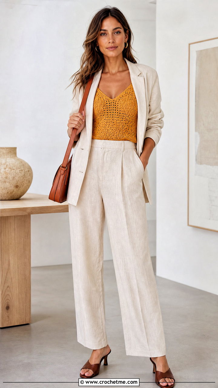 Crochet Camisole Top With A Linen Suit - 35 crochet knit top outfit ideas