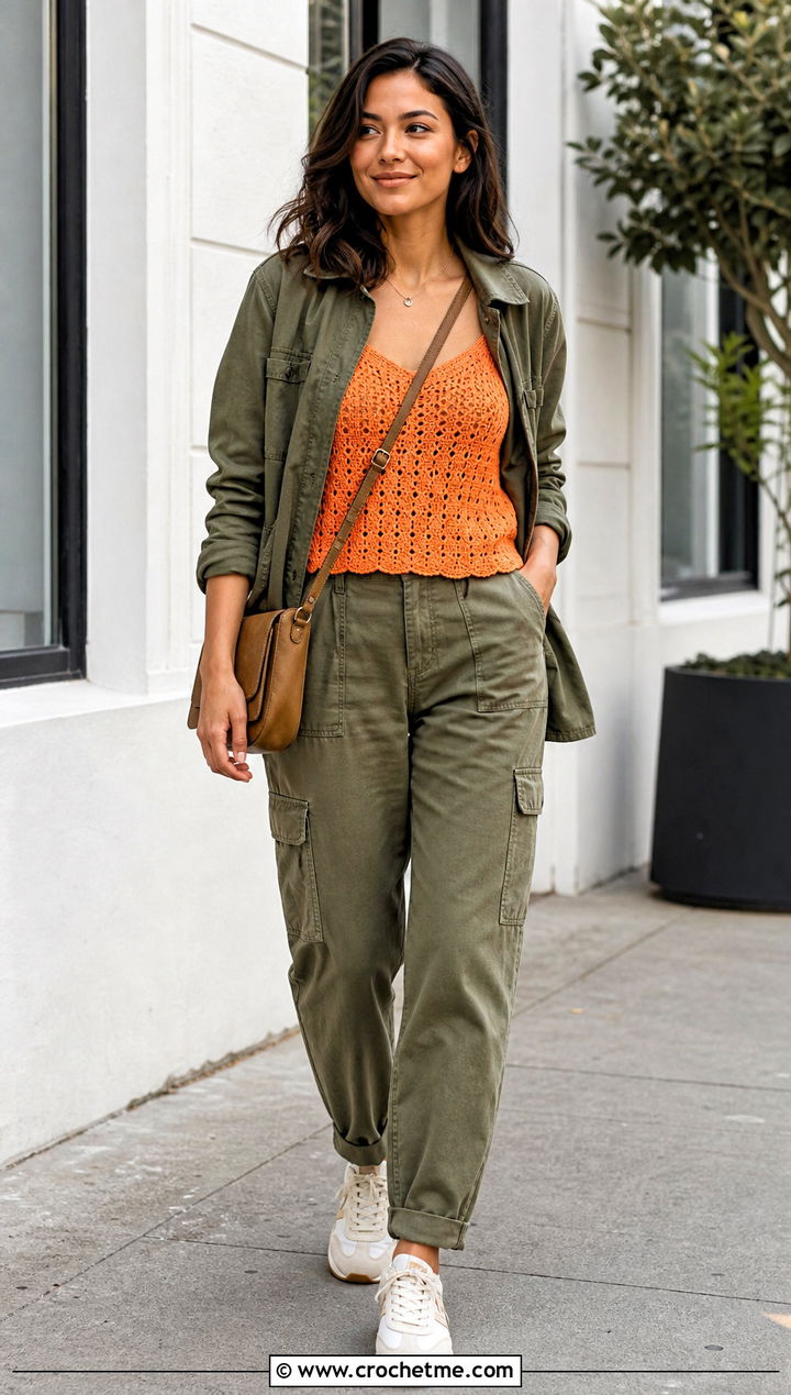 Crochet Camisole Top With A Utility Jacket - 30 crochet top for outfit ideas