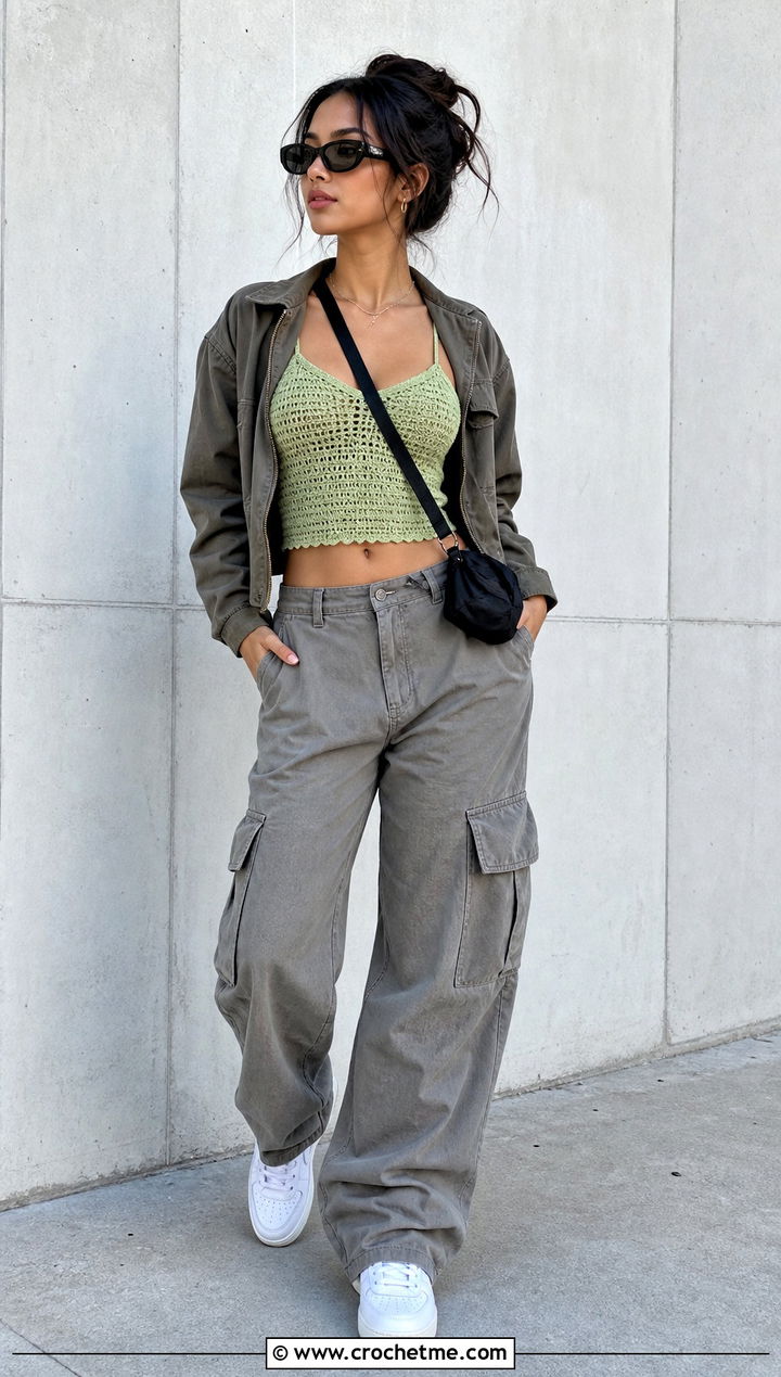 Crochet Camisole Top With Cargo Pants - 15 easy crochet tops for women outfit ideas