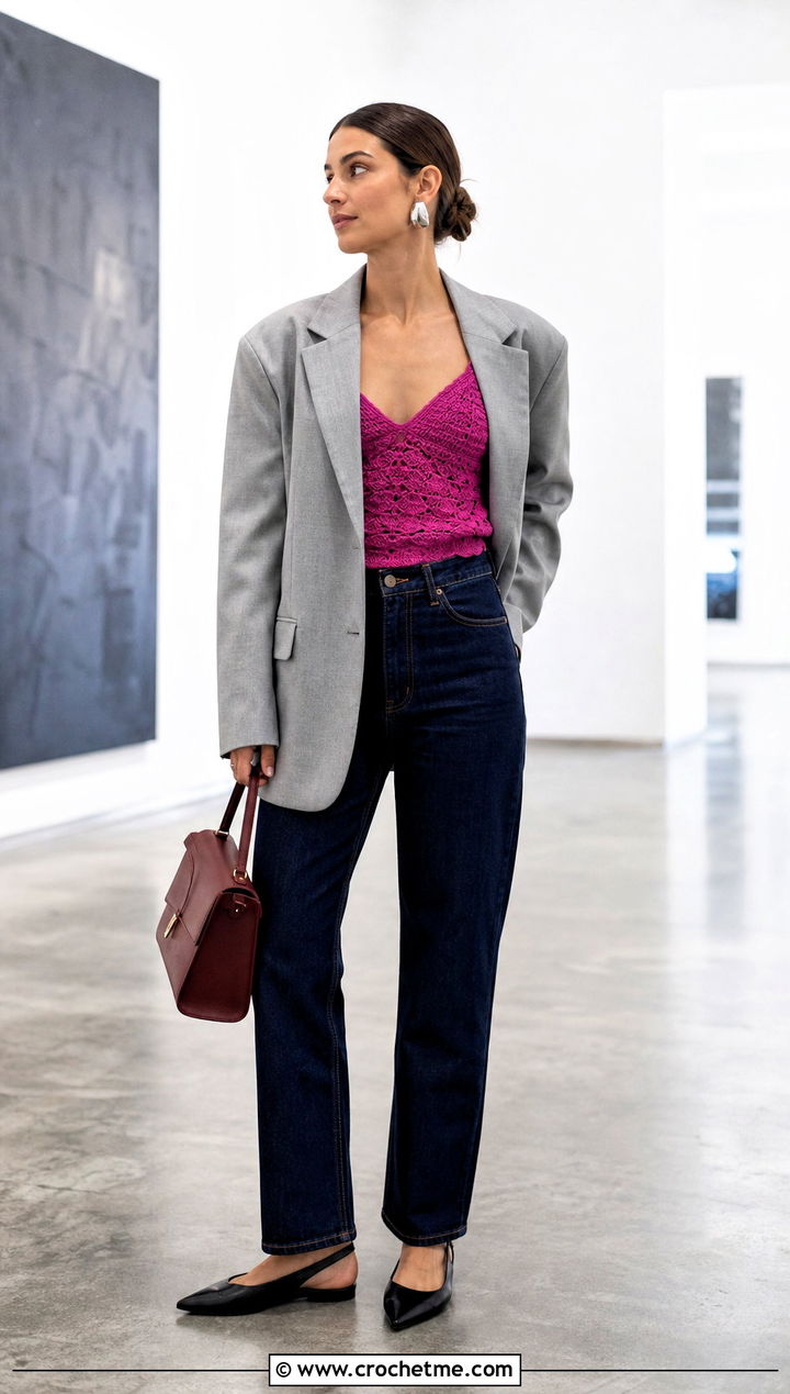 Crochet Camisole Top With Oversized Blazer - 15 boho crochet tops for women outfit ideas