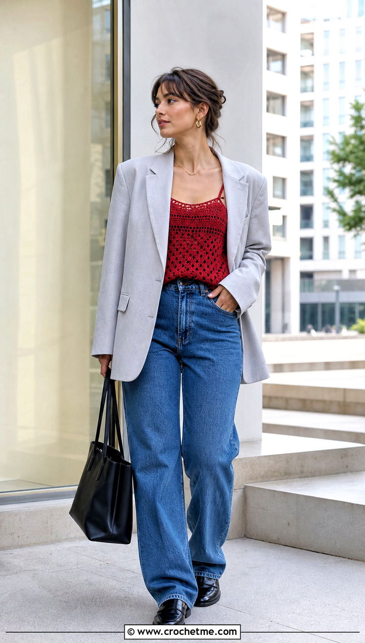 Crochet Camisole Top With Oversized Blazer And Jeans - 15 handmade crochet top design outfit ideas