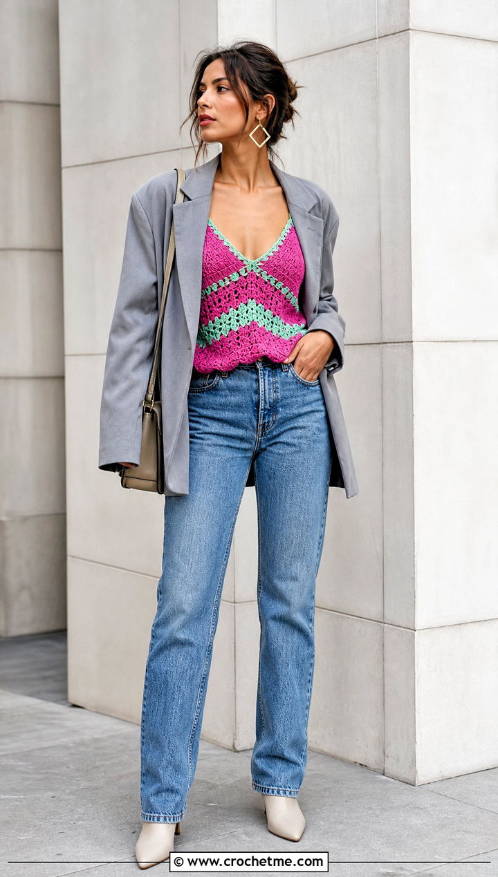 Crochet Camisole Top With Oversized Blazer - 30 pink and green crochet top outfit ideas