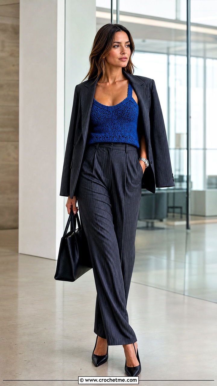Crochet Camisole Top With Pinstripe Suit - 35 crochet tops for women outfit ideas