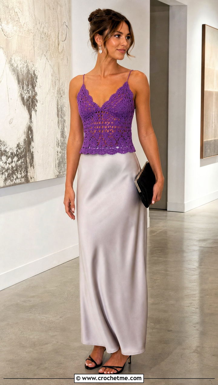 Crochet Camisole Top With Satin Maxi Skirt - 30 beginner crochet top outfit ideas