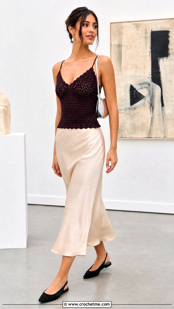 Crochet Camisole Top With Satin Midi Skirt - 35 simple crochet top outfit ideas