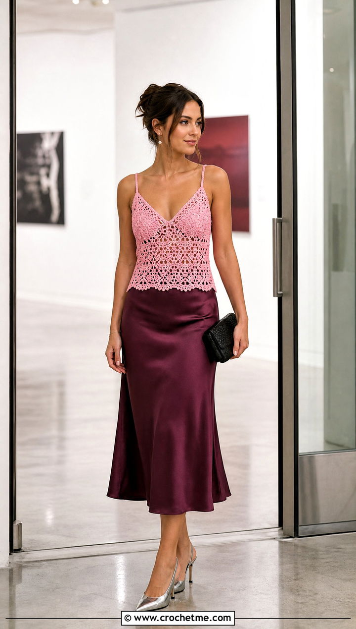 Crochet Camisole Top With Satin Midi Skirt - 35 crochet womens tops outfit ideas