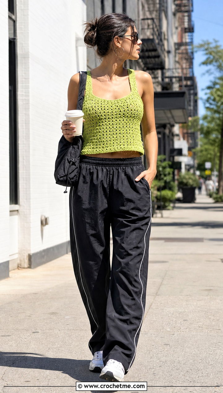 Crochet Camisole Top With Track Pants - 35 Crocheted Summer Tops outfit ideas