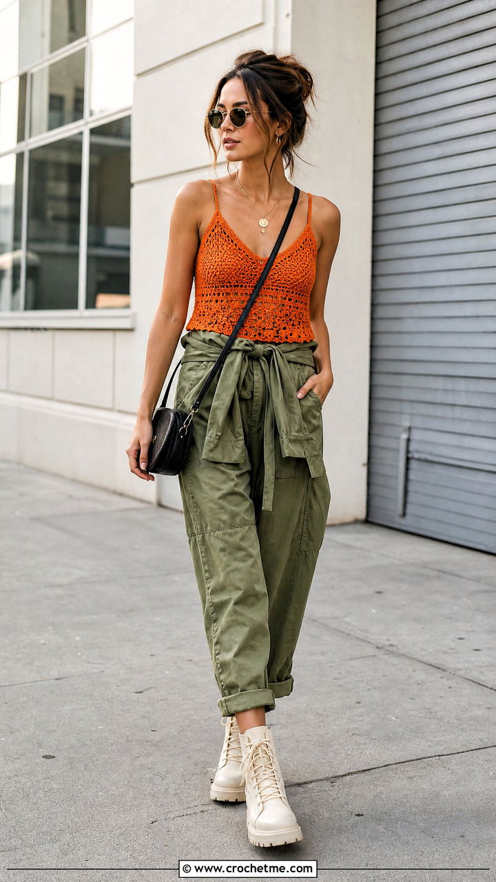 Crochet Camisole Top With Utility Jumpsuit - 35 aesthetic crochet top outfit ideas