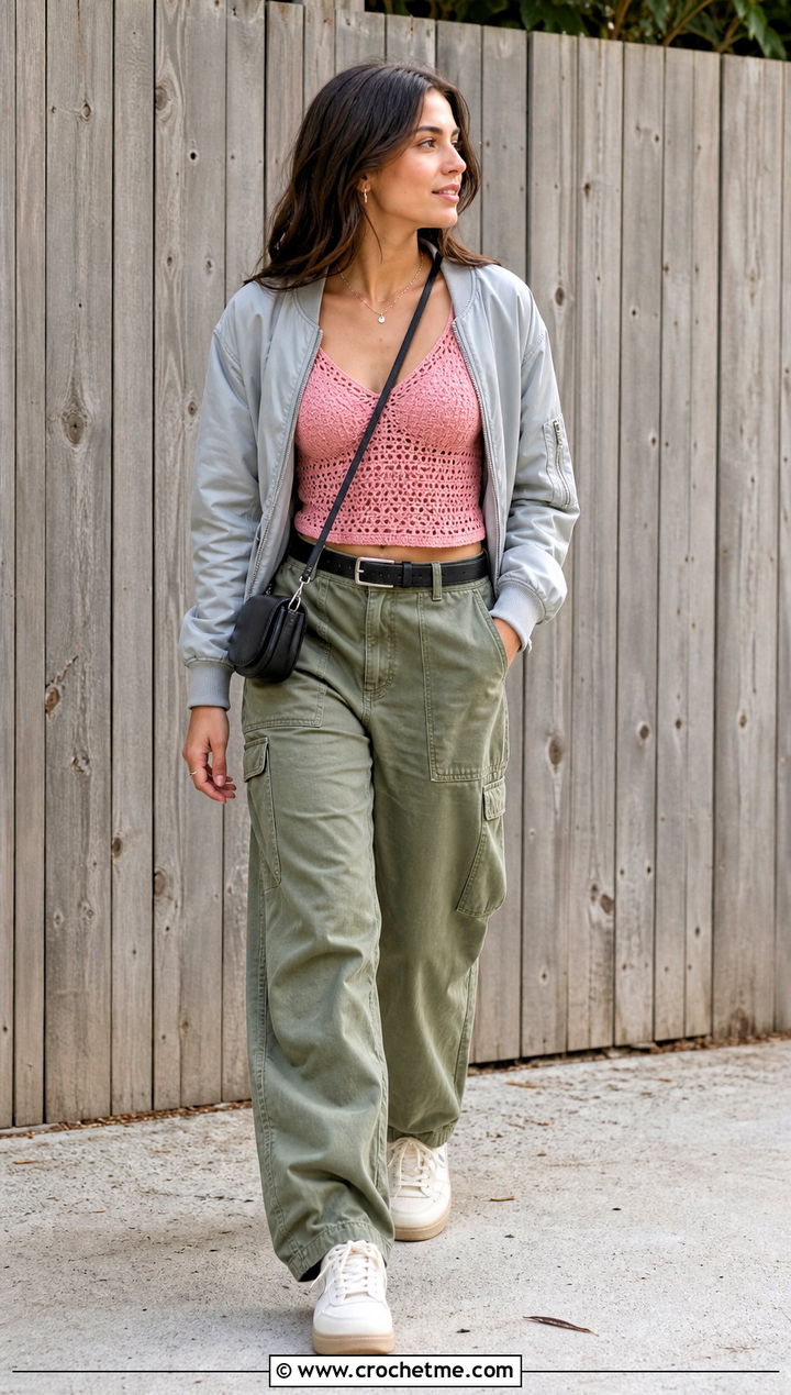 Crochet Camisole Top With Utility Pants - 15 pink crochet top on wooden background outfit ideas