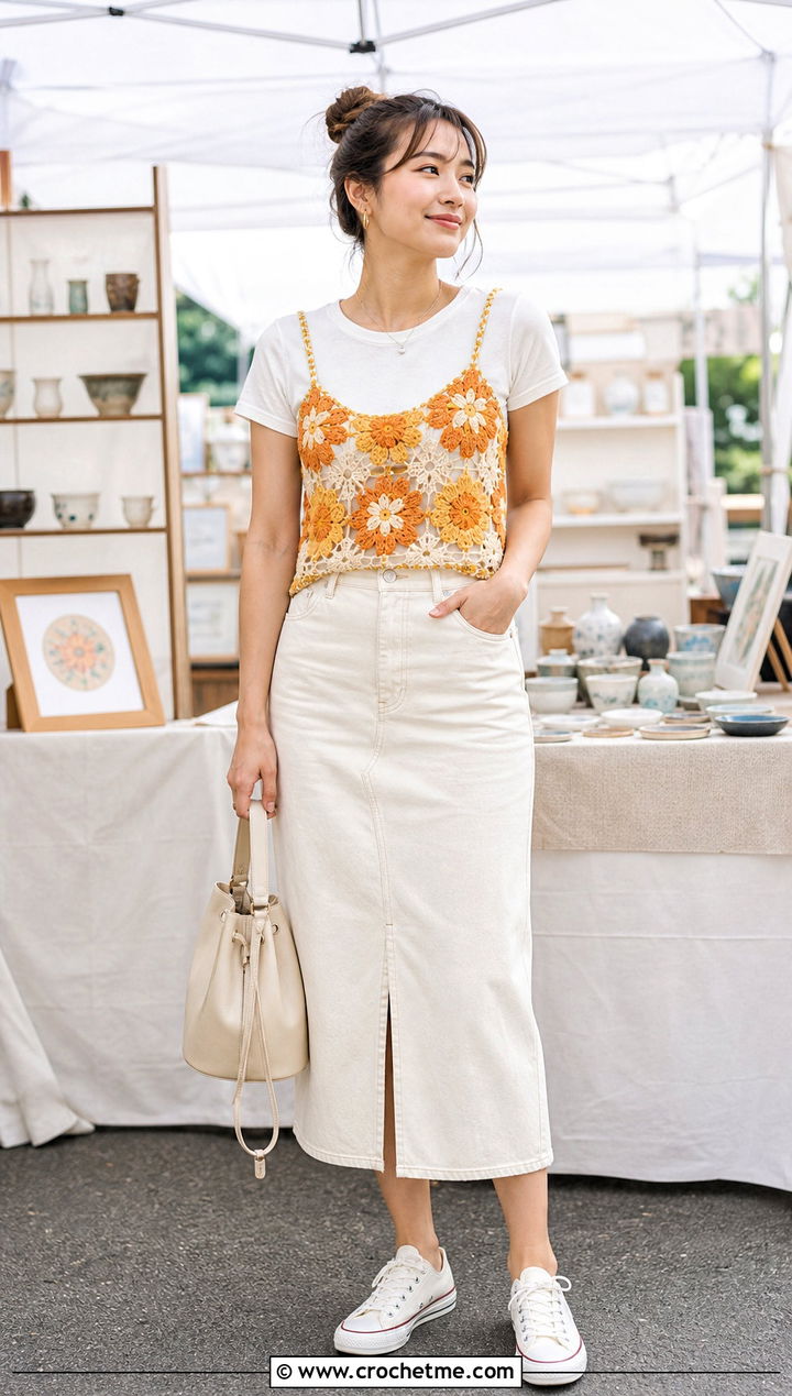Crochet Camisole With Denim Midi Skirt - 30 anime inspired crochet clothes and outfit ideas