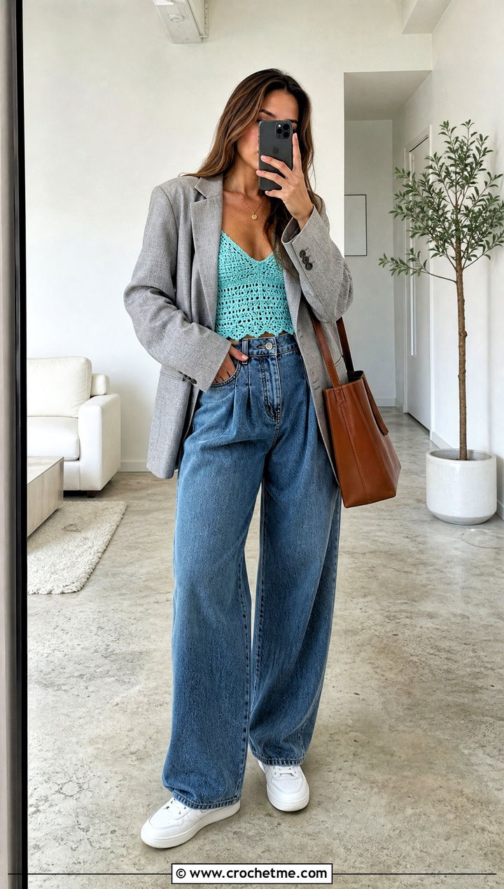 Crochet Camisole With Oversized Blazer - 25 Crochet Spring Top outfit ideas