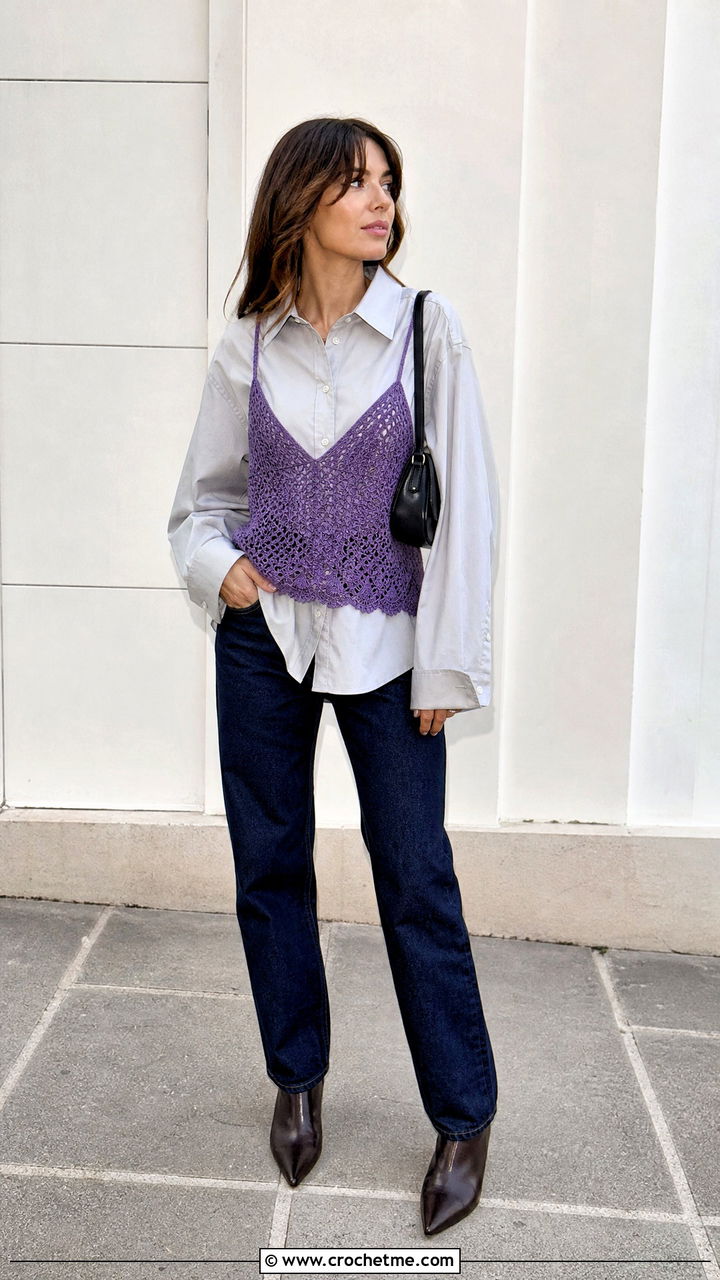 Crochet Camisole With Oxford Shirt And Dark Jeans - 35 autumn crochet clothes and outfit ideas