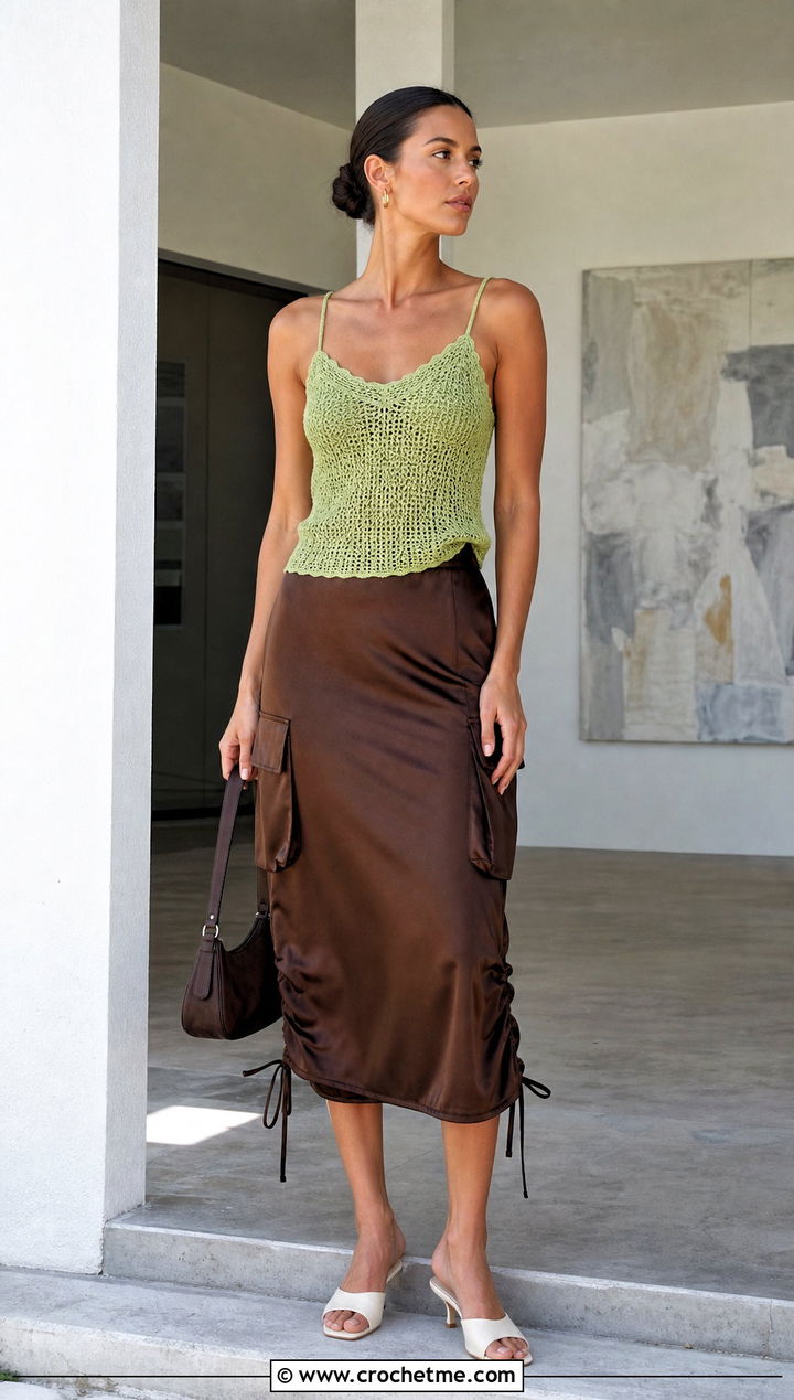 Crochet Camisole With Satin Cargo Skirt - 25 women crochet clothes and outfit ideas