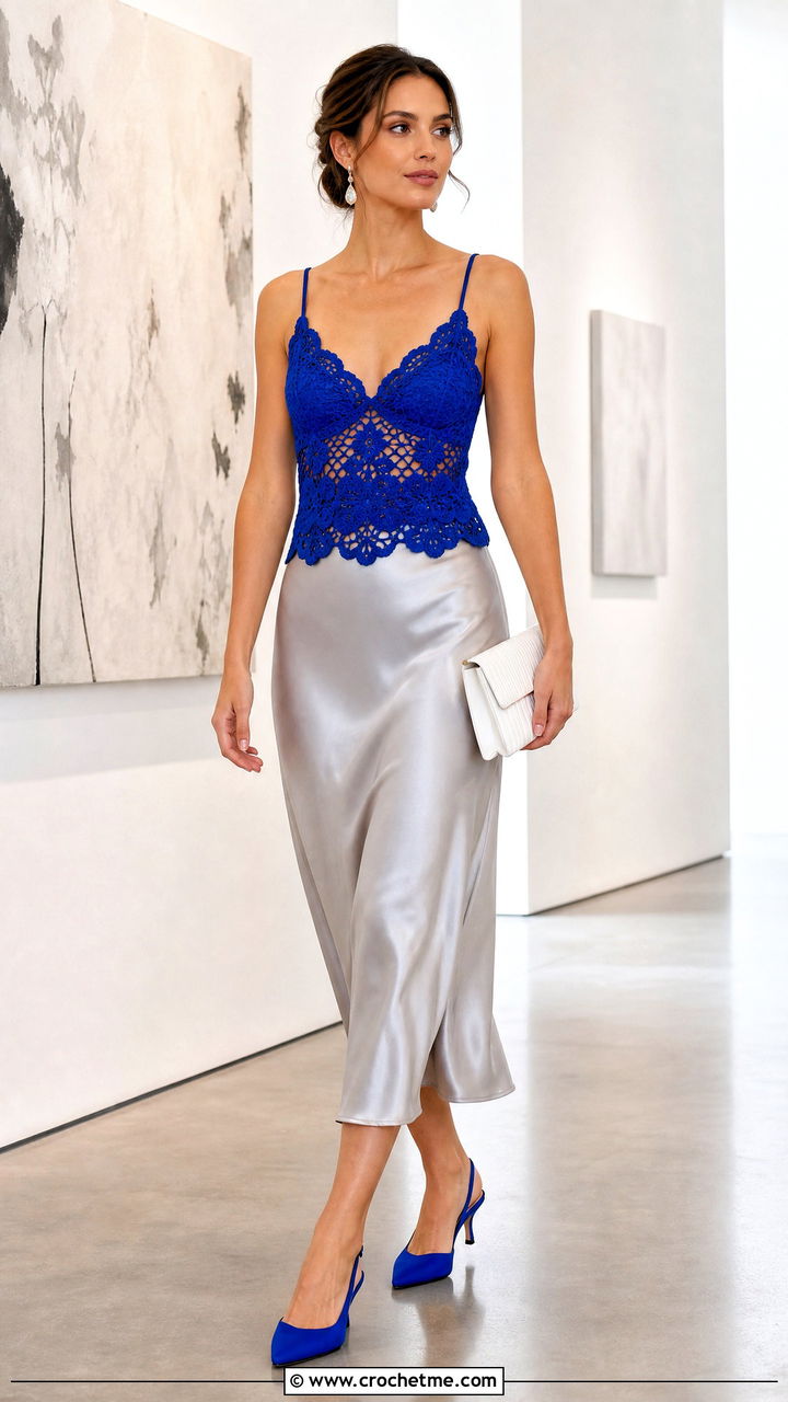 Crochet Camisole With Satin Midi Skirt - 35 simple crochet tops outfit ideas
