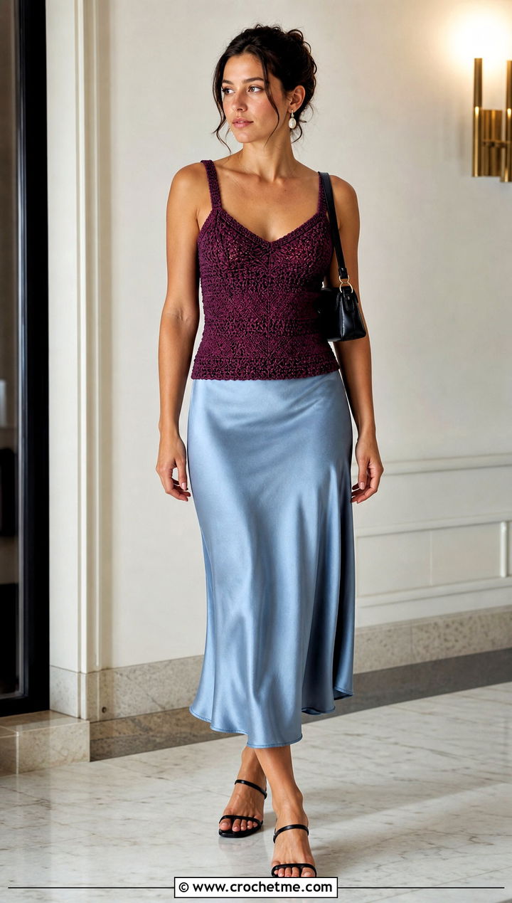 Crochet Camisole With Satin Midi Skirt - 15 Crochet Lady Tops outfit ideas
