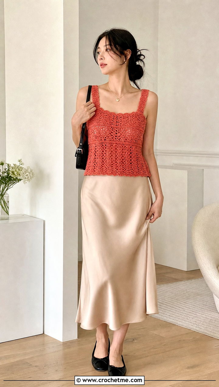 Crochet Camisole With Satin Midi Skirt - 30 korean crochet outfits ideas