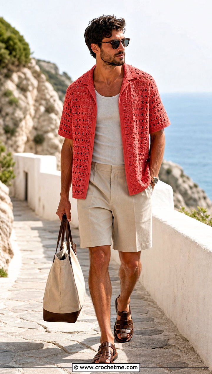 Crochet Camp Collar Shirt With Bermuda Shorts - 30 Mens Crochet Outfit ideas