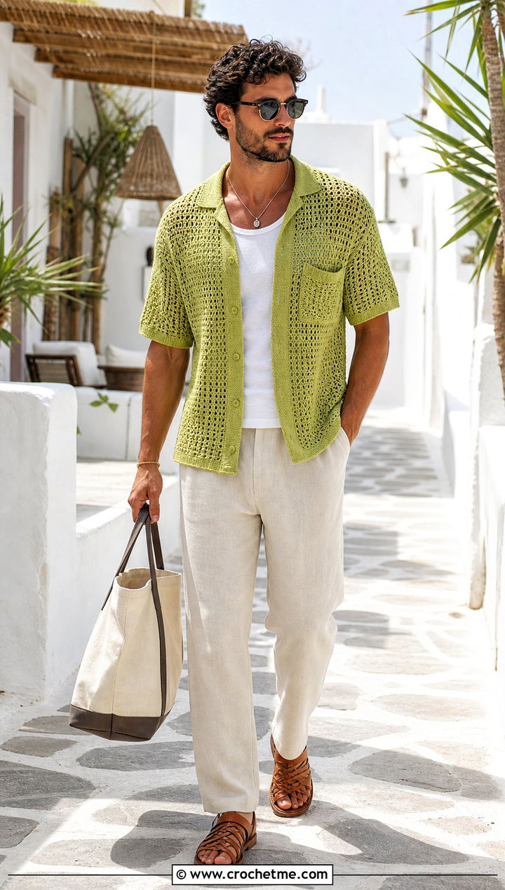 Crochet Camp Collar Shirt With Linen Pants - 35 crochet mens clothes and outfit ideas