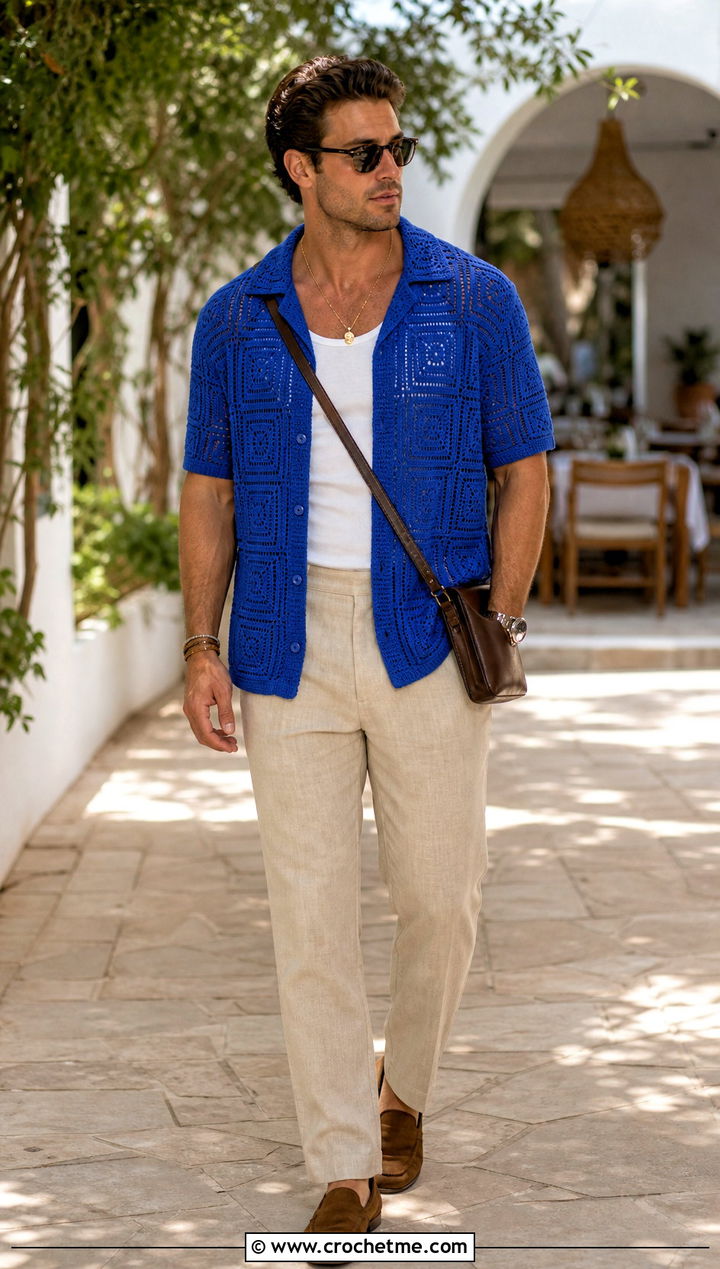 Crochet Camp Collar Shirt With Linen Trousers - 15 men crochet clothes and outfit ideas