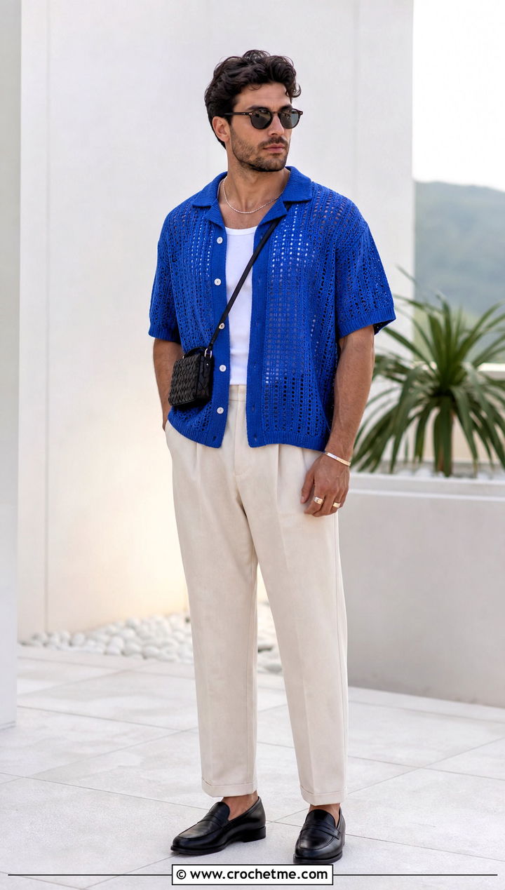 Crochet Camp Collar Shirt With Pleated Pants - 25 crochet men's clothes and outfit ideas
