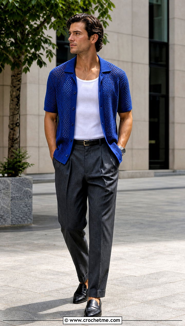 Crochet Camp Collar Shirt With Pleated Trousers - 30 men crochet top outfit ideas