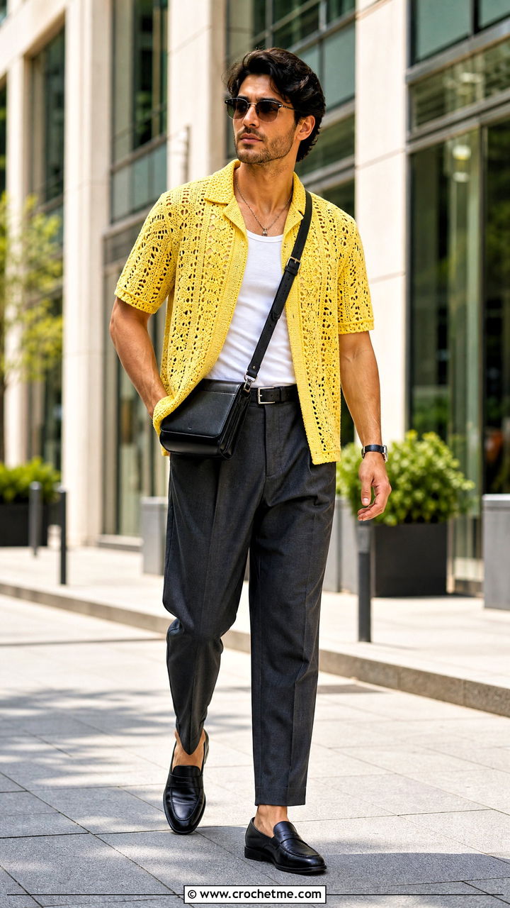 Crochet Camp Collar Shirt With Pleated Trousers - 35 crochet clothes for men outfit ideas