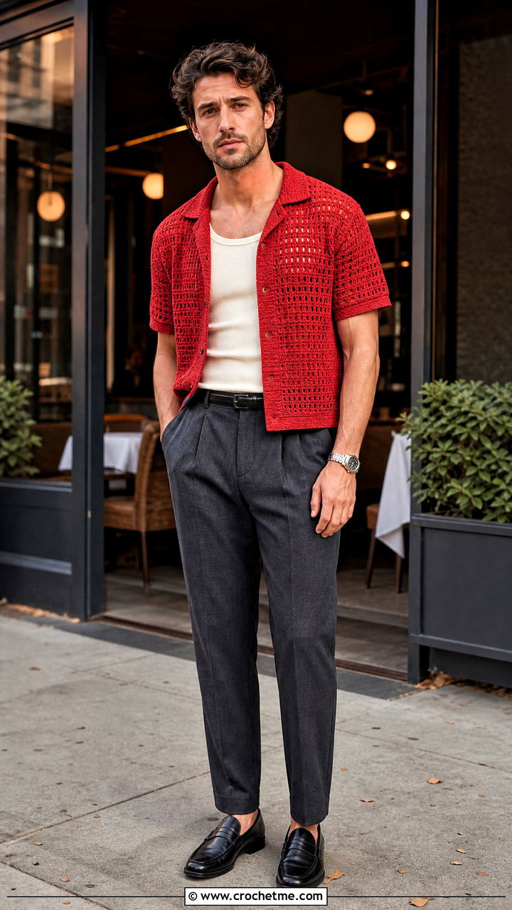 Crochet Camp Collar Shirt With Pleated Trousers - 35 crochet outfits for men outfit ideas