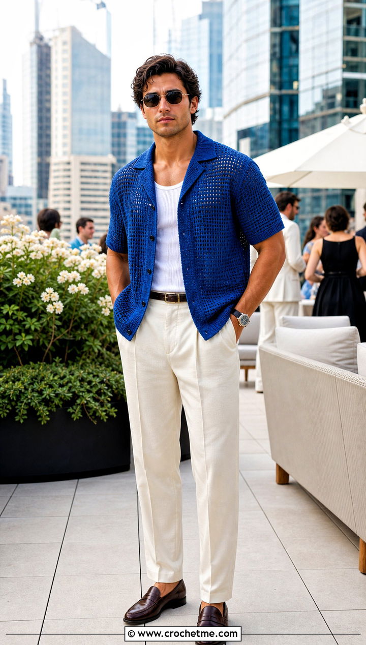 Crochet Camp Collar Shirt With Pleated Trousers - 15 men's crochet top outfit ideas