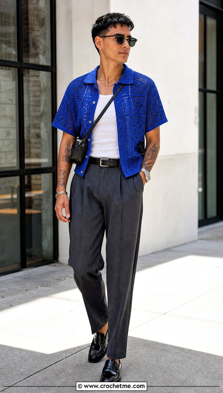 Crochet Camp Collar Shirt With Pleated Trousers - 30 Masc Crochet Clothes and outfit ideas