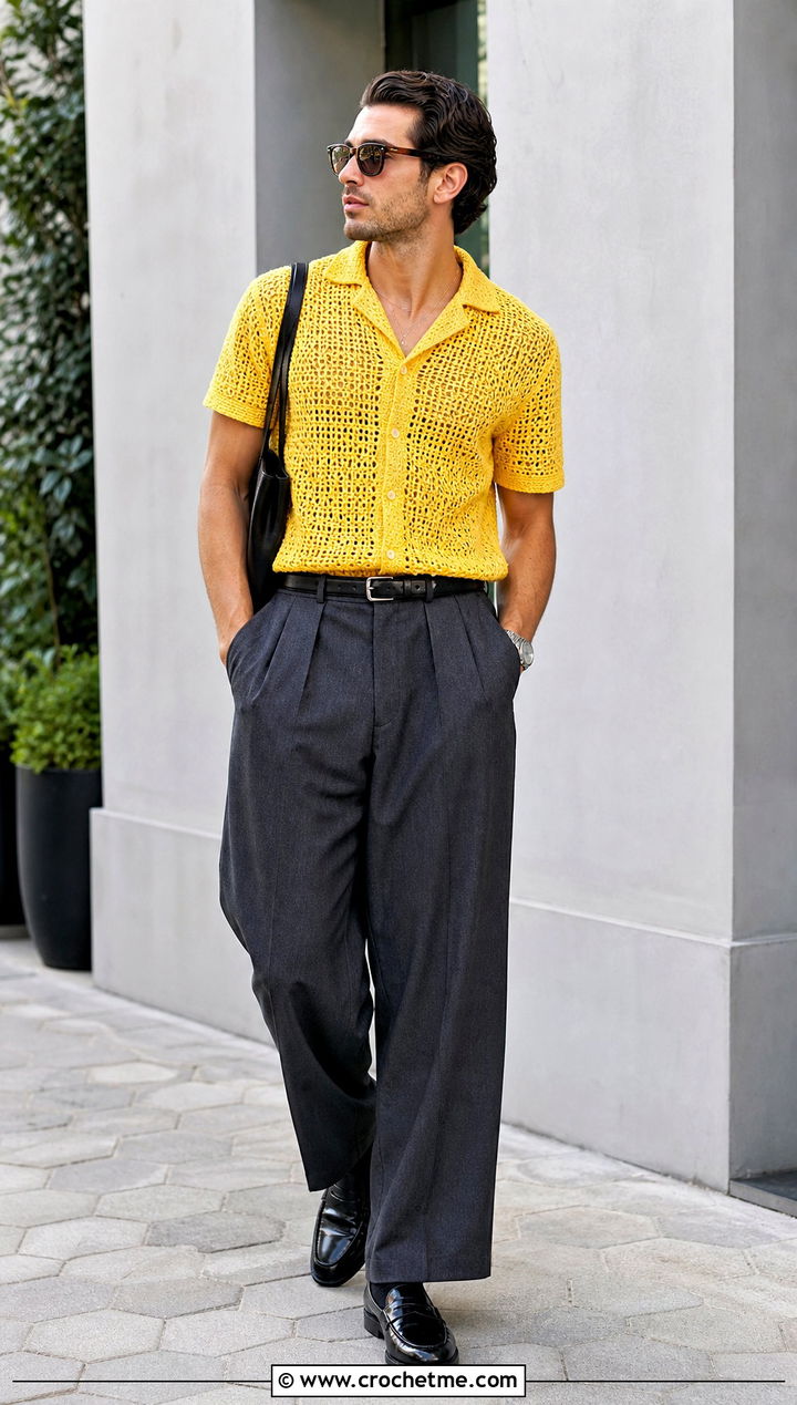 Crochet Camp Collar Shirt With Wide Leg Trousers - 35 men's crochet shirt outfit ideas