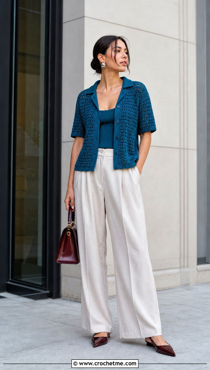 Crochet Camp Shirt With Tailored Trousers - 35 crochet shirt women outfit ideas