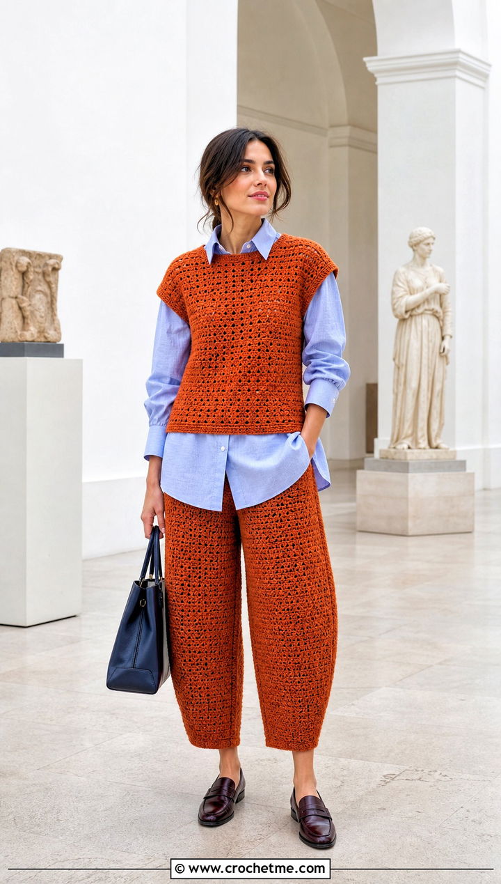 Crochet Cap Sleeve Top And Barrel Pants Set - 30 crochet pants set outfit ideas
