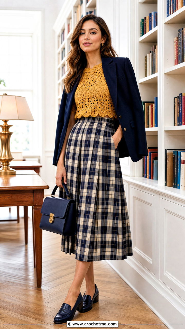 Crochet Cap Sleeve Top With Plaid Skirt - 35 Crochet Top And Skirt outfit ideas