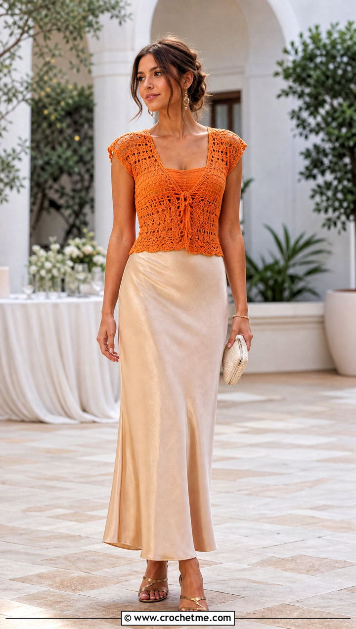 Crochet Cap Sleeve Top With Satin Slip Skirt - 25 Women's Crochet Tops outfit ideas