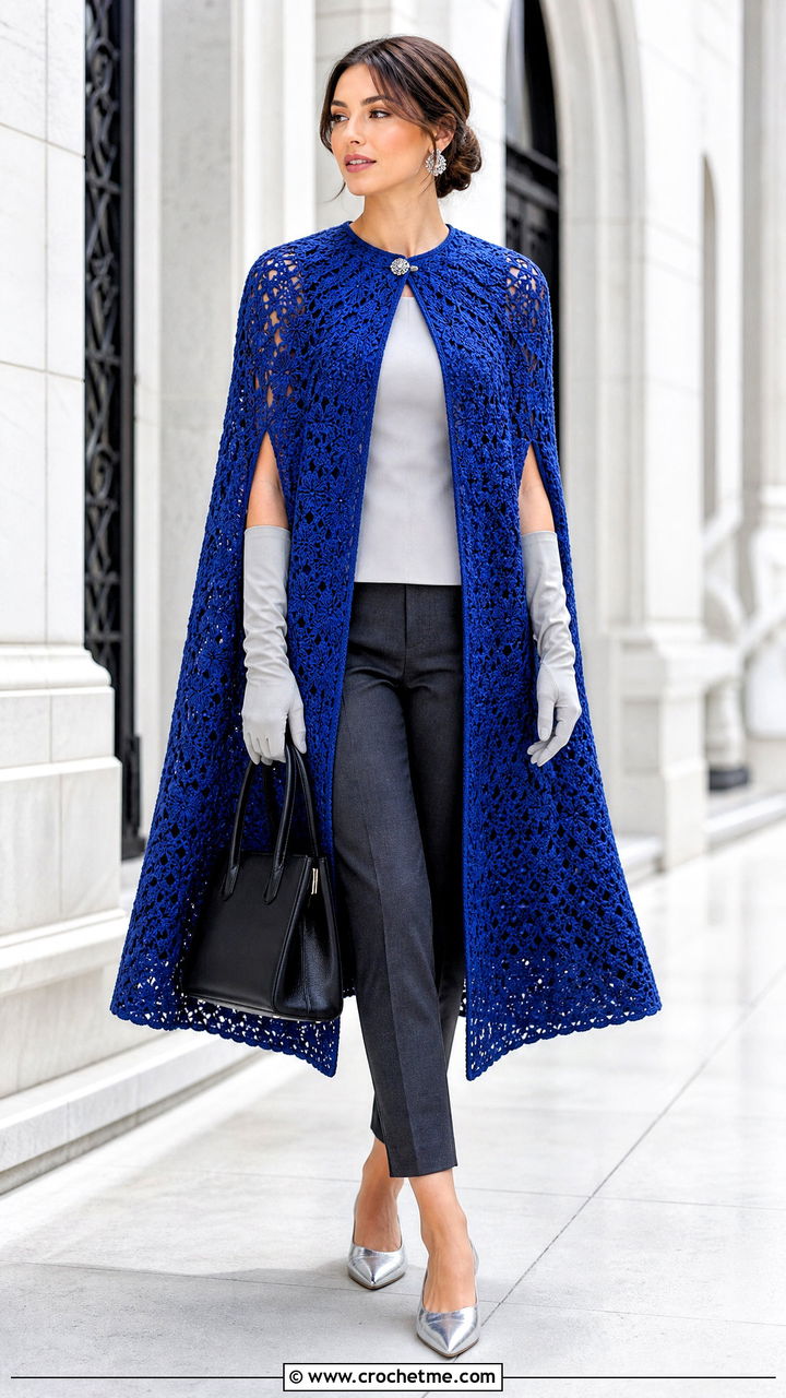 Crochet Cape Coat With Blouse And Cigarette Pants - 35 crochet coat outfit ideas